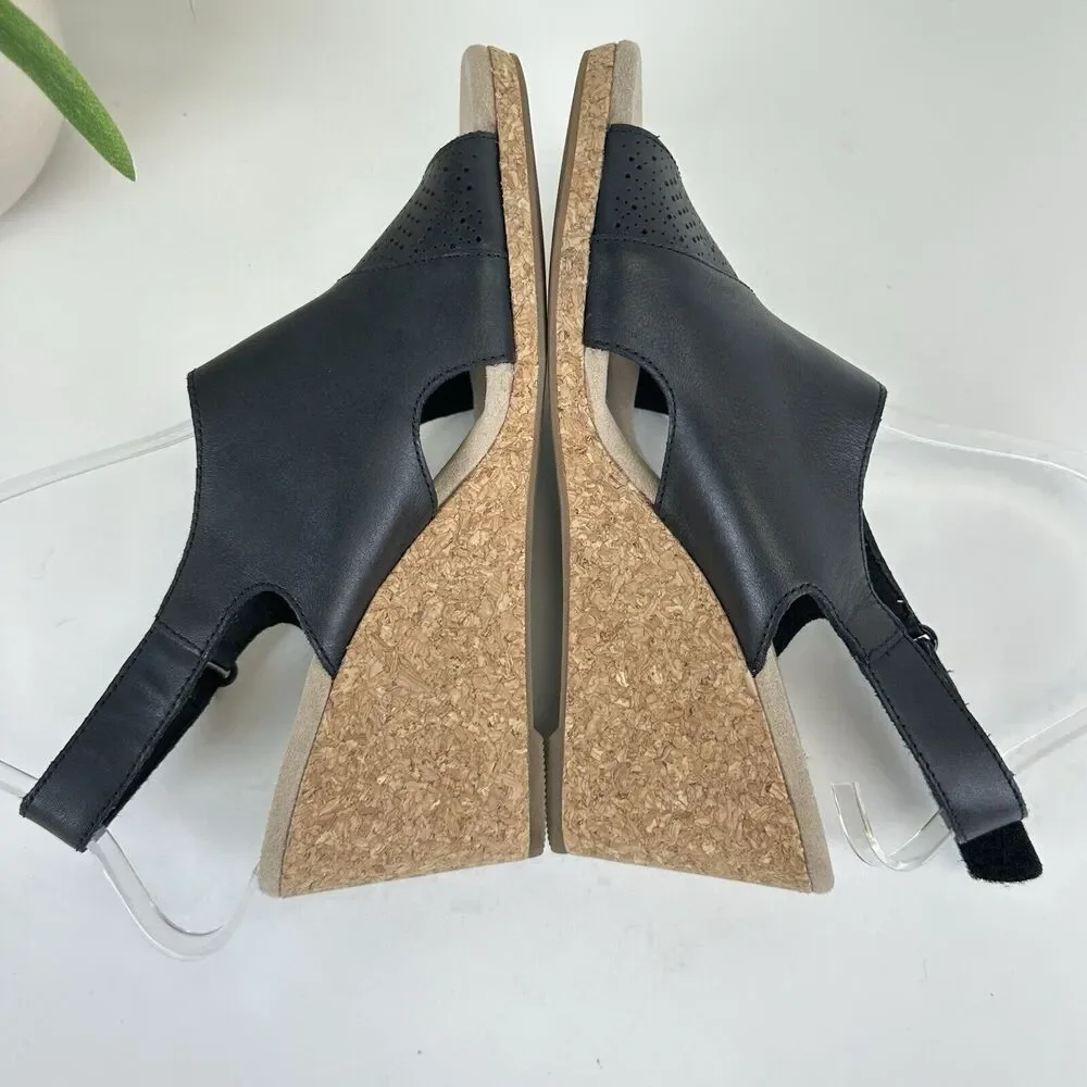 Clarks Lafley Joy Black Lasercut Cork Wedge Heel Sandal Comfort‎ Shoe Size 9 M